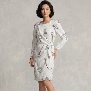 Vintage 80s Charlee Allison Geometric Faux Wrap Dress White Red Black Sz 11/12